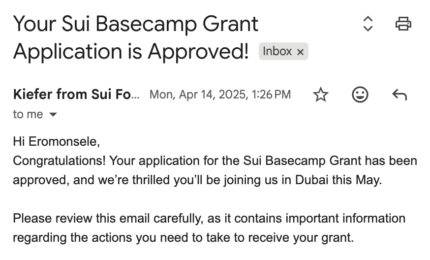Sui Basecamp Grant Approval Email